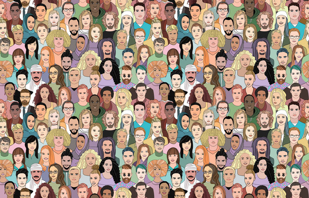 A large set of faces of young people of different nationalities. Seamless drawn creative pattern. - Vector, Image