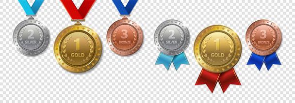 Set of realistic 3d Champion gold, silver and bronze awards - Vector, Image