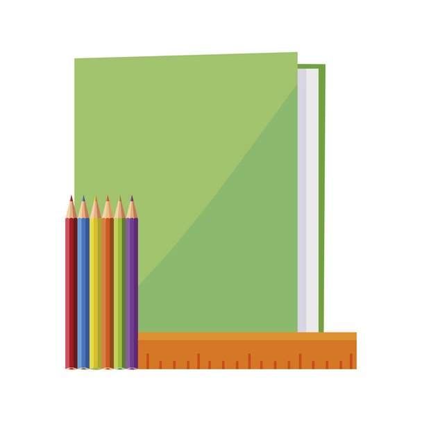 Öğrenci yarıyıl not defteri ile renk kalemler - Vektör, Görsel