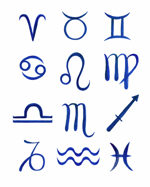Watercolor zodiac set with 12 blue zodiac signs on a white background.  Illustration. - Photo, Image