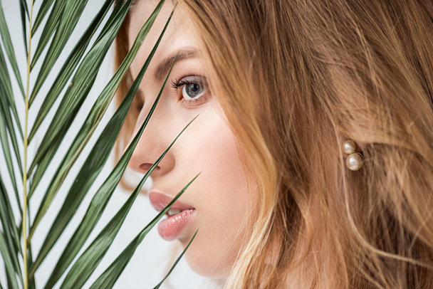 dreamy and attractive girl near green palm leaf on white  - Zdjęcie, obraz