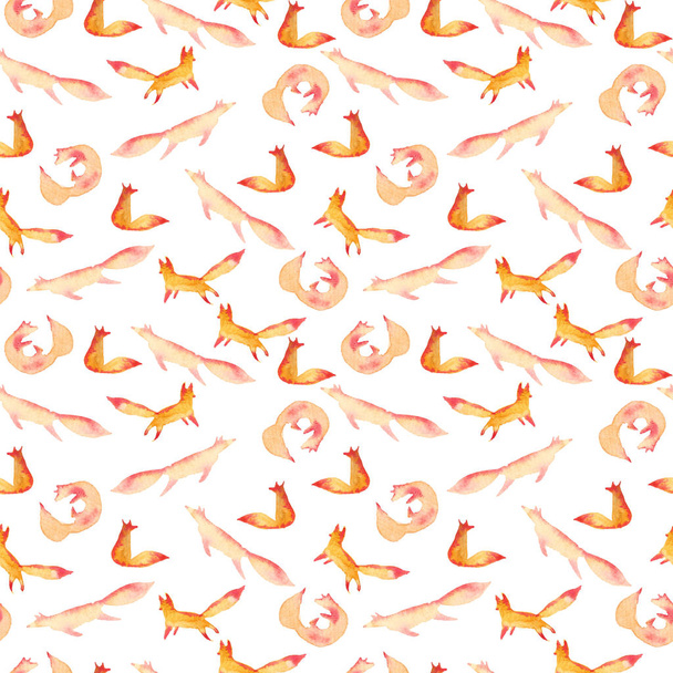 Симпатичные оранжево-красные лисы акварельного цвета безморщинистый узор на белом фоне. Мультфильм простые лисы играют, скручиваются, прыгают, сидят
 - Фото, изображение