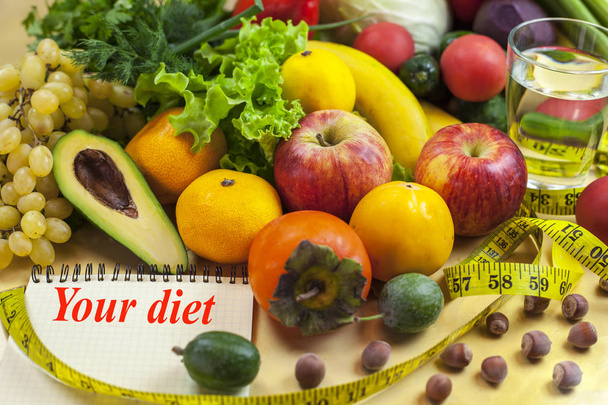 Concept of diet. Vegetables and fruits: Aavakado, figs, feijoa,  - Fotó, kép