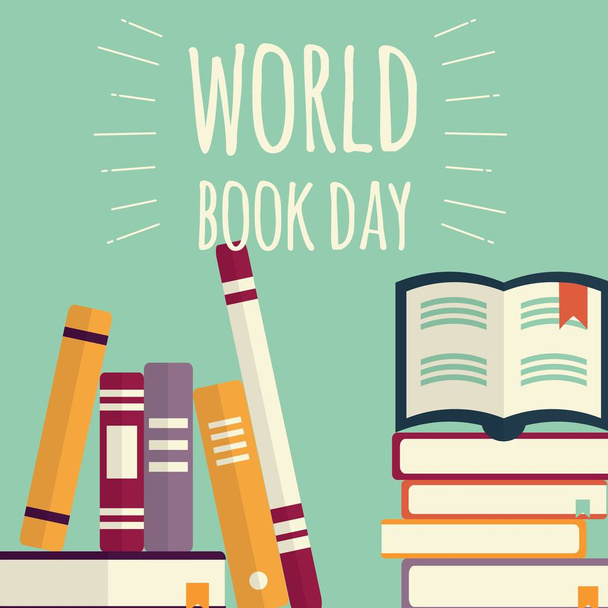 Welttag des Buches, Stapel von Büchern auf Mint-Hintergrund - Vektor, Bild