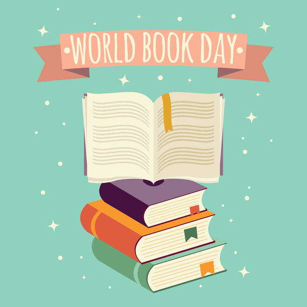 Welttag des Buches, offenes Buch mit Festbanner und Bücherstapel - Vektor, Bild