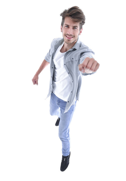 Handsome man jumping with vigor on white background - Photo, image