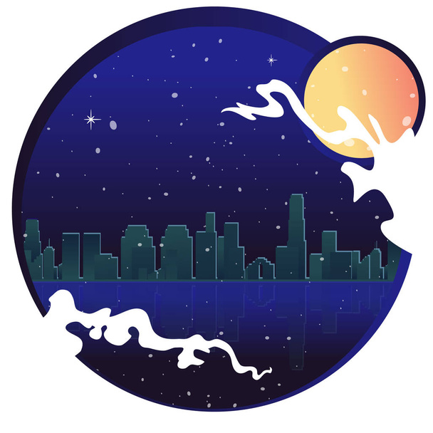 Νέον πόλης με φεγγάρι, αστέρια και τον ωκεανό, εικονογράφηση διάνυσμα - Διάνυσμα, εικόνα