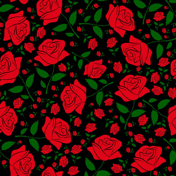 Seamless floral pattern with red roses on a black background - Φωτογραφία, εικόνα