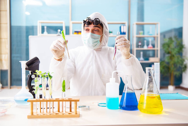 Biotechnologia mężczyzna naukowiec chemik pracuje w laboratorium - Zdjęcie, obraz