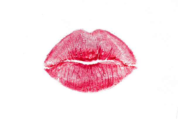 Batom vermelho marca belos lábios grandes beijo isolado em um fundo branco
 - Foto, Imagem