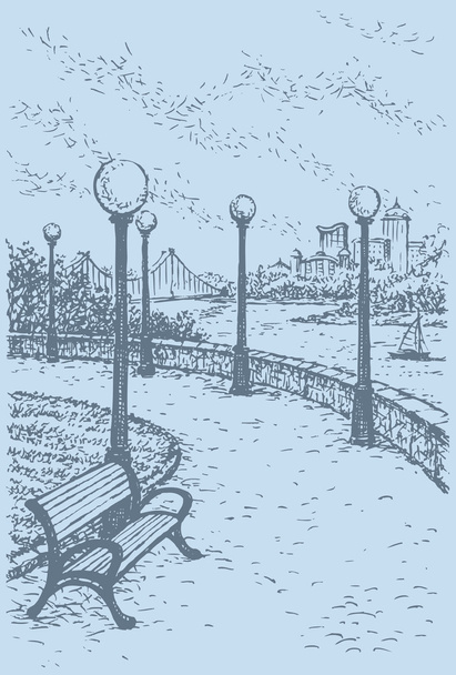 Paysage vectoriel. Banc et lanternes au-dessus de la rivière
 - Vecteur, image