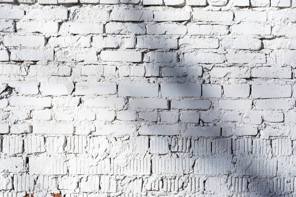 texture of old white brick wall with destroyed plaster layer and shadows from trees, architecture abstract background - Φωτογραφία, εικόνα
