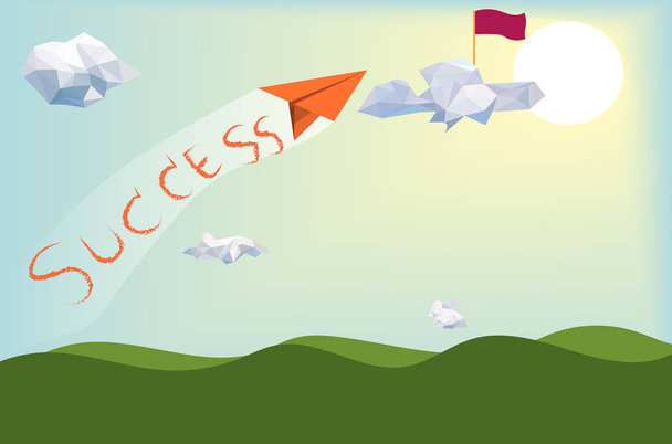 Go to success,paper plane flying above green landscape with low poly white clouds and sunny background,blue sky backdrop,creative success business leadership concept,vector art and illustration. - Vector, Image