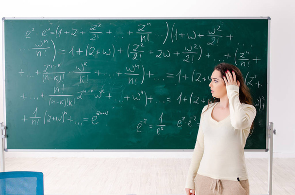黒板の前で若い女性数学教師 - 写真・画像