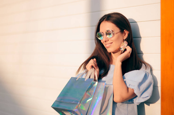 Stylish Girl with Holographic Accessories Shopping  - Photo, image