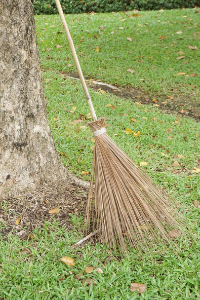 Vassoura de vassoura de coco seco no chão de grama
 - Foto, Imagem