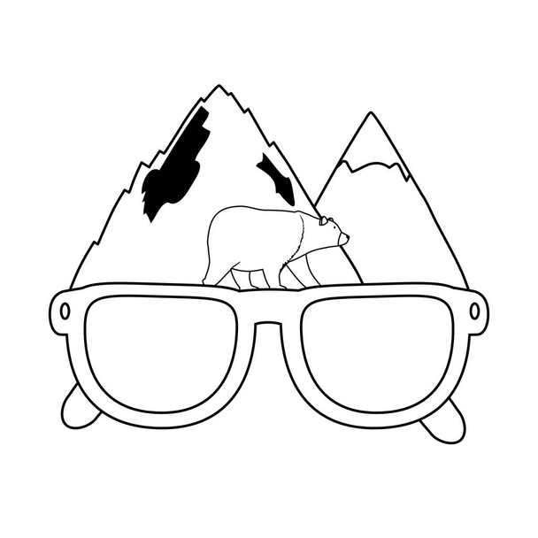 mountains with bear grizzly and eye glasses - Vector, Image