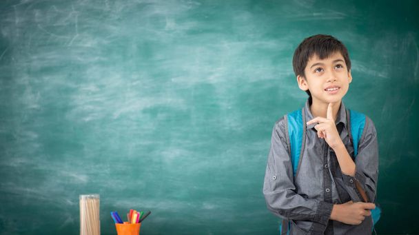 Student boy point to the chalkboard in the classroom - Photo, Image
