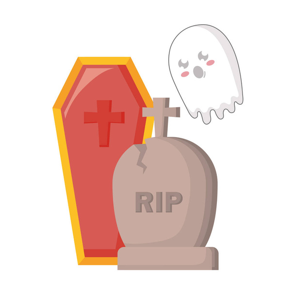 halloween gravestone with coffin and ghost - Vector, Image