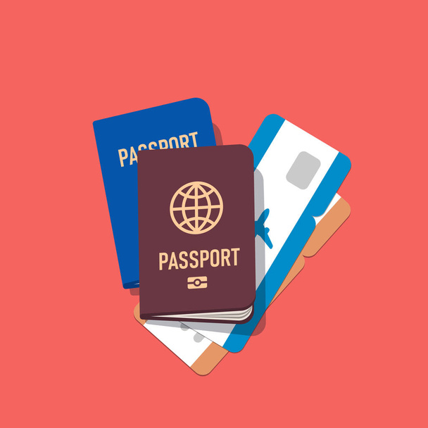 青と茶色で航空券とパスポートです。トップ表示。フラット スタイルのイラスト。ベクトル分離オブジェクト. - ベクター画像