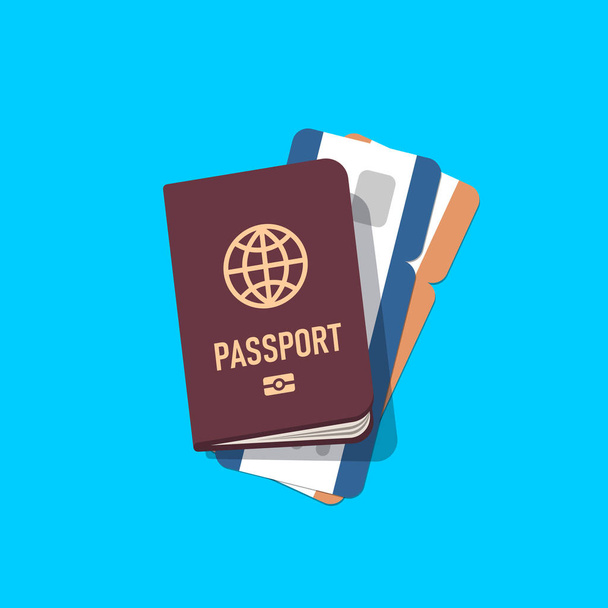 Brown european passport with on air ticket. View top. Illustration in flat style. Vector isolated object. - Vektori, kuva
