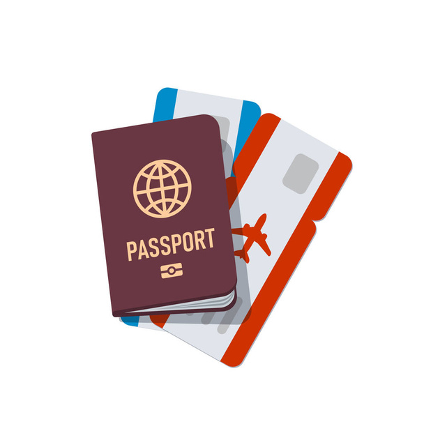 Коричневий Європейського паспорту з на авіаквиток. Вид зверху. Ілюстрація в стилі плоскі. Ізольована векторного об'єкта. - Вектор, зображення