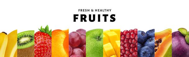Collage van vruchten op witte achtergrond met kopie ruimte, frisse en gezonde vruchten en bessen close-up geïsoleerd - Foto, afbeelding