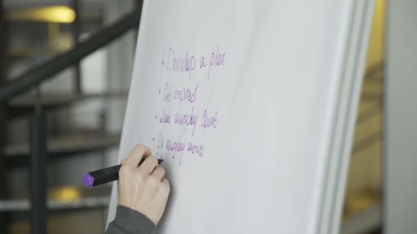 Gros plan du plan d'affaires d'écriture de main de femme d'affaires sur le tableau à feuilles mobiles. - Séquence, vidéo