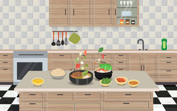 olla caliente e ingredientes en la sala de cocina
 - Vector, imagen