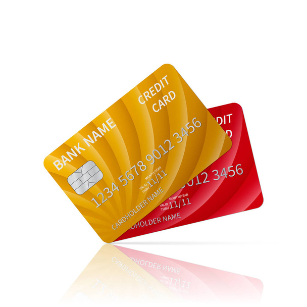 Dvě reálné lesklé kreditní karty s odleskem izolované na bílém. Podrobné plastová karta s stříbrný reliéfní symboly. Peníze, e-commerce a platby po celém světě pojem. Vektorové ilustrace. - Vektor, obrázek