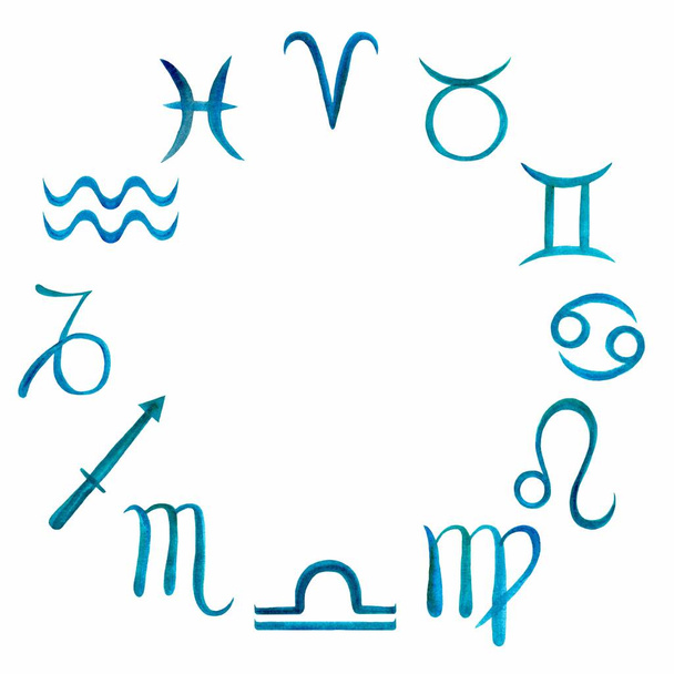 Акварельный зодиакальный круг из 12 голубых знаков зодиака на белом фоне. Иллюстрация
. - Фото, изображение