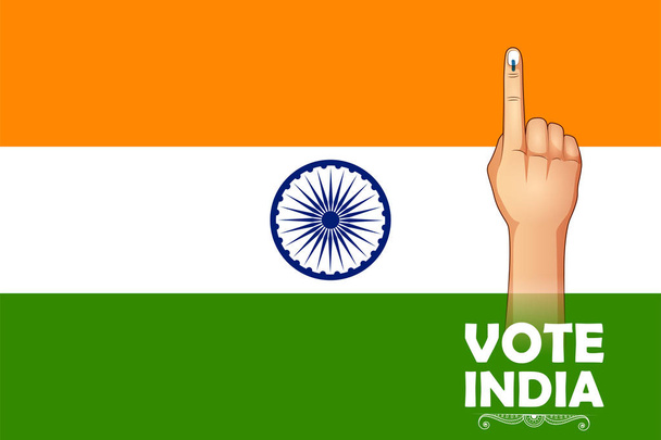 Indyjscy ludzie ręka ze znakiem głosowania pokazująca wybory parlamentarne w Indiach - Wektor, obraz