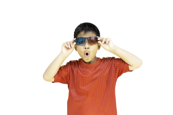 Asian boy with 3D glasses isolation in clipping path. - Photo, Image