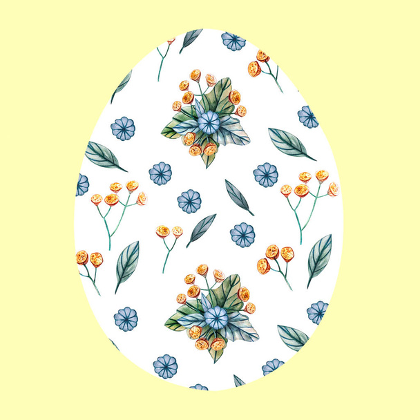 Uovo di Pasqua bianco su uno sfondo giallo con un motivo di fiori selvatici
. - Foto, immagini