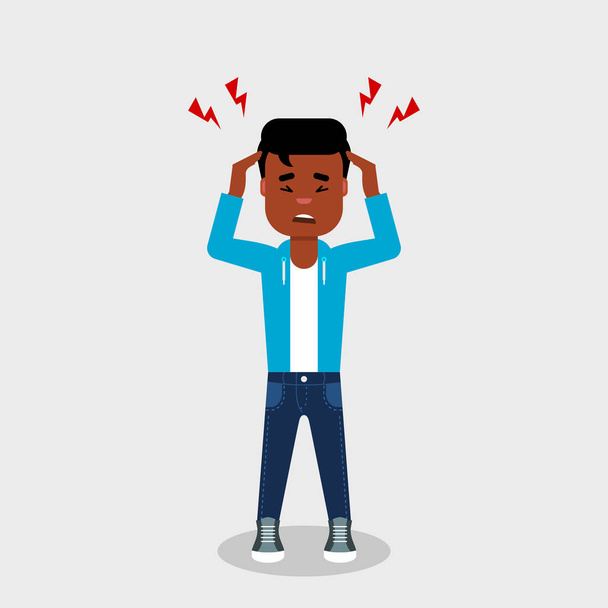 Young African American with a headache. Guy holding head having migraine. Frustration, anger, pain, concerned, worried,concept. Stressed, disappointed man feels tension. Vector illustration,flat style - Vector, Image