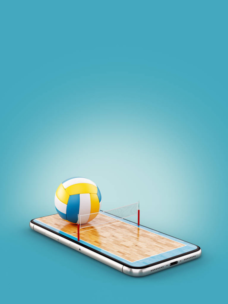 Unusual 3d illustration of a volleyball ball and on court on a smartphone screen. Watching volleyball and betting online concept - Фото, зображення