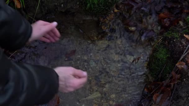 Mann nimmt eine Handvoll Bergwasser mit - Filmmaterial, Video