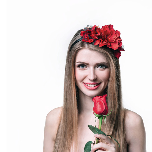 attractive blonde girl with red rose . isolated on white - Zdjęcie, obraz