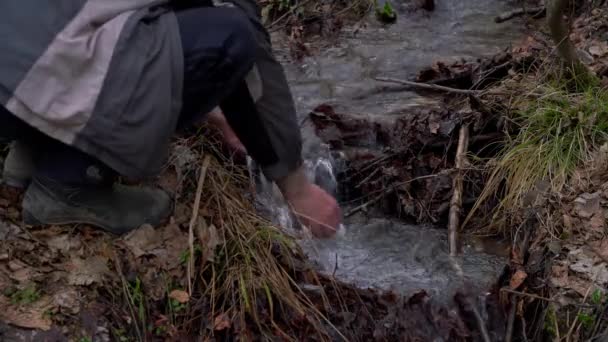 Homem lava as mãos em um riacho da floresta
 - Filmagem, Vídeo