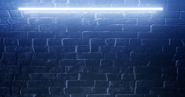 απόδοση 3D. Τοίχος από τούβλα φωτισμένο από ένα μπλε φως νέον. Αφηρημένο φόντο. Φωτεινή επίδραση στην προεξέχουσα επιφάνεια. - Φωτογραφία, εικόνα