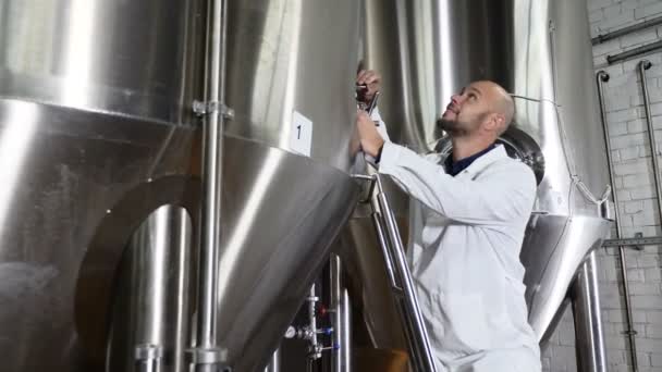 ビール醸造所の従業員は、機器をチェックします。メンテナンス員の醸造所で制御機械の操作します。4 k - 映像、動画