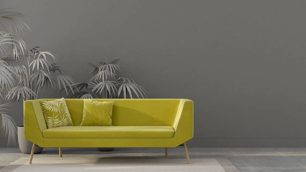 Сірому інтер'єрі з жовтими диваном - Фото, зображення