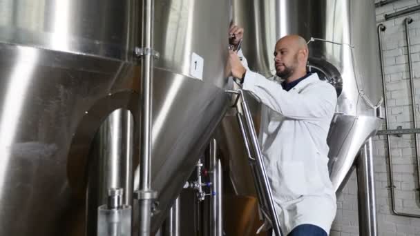 Beer production concept. Attentive maintenance worker writing on clipboard at brewery. The employee of the brewery checks the equipment. Brewery worker in lab coat checking beverage equipment at - Footage, Video