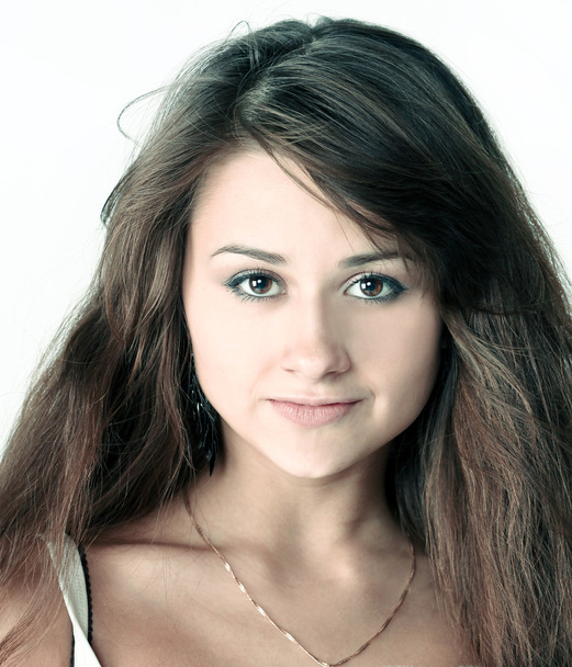 emotional portrait of cute young girl with beautiful brown hair - Φωτογραφία, εικόνα