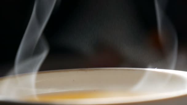 Trickle van stoom langzaam stijgt van de kop van de thee close-up te bekijken. Witte stoom stijgt licht, sierlijke wendingen op zwarte achtergrond - Video