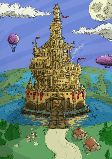 Векторна казка гігантський замок в оточенні озера та сільського пейзажу з місяцем, хмарами, повітряною кулею та дирижаблями
 - Вектор, зображення