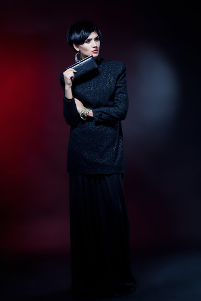 Sexy Fashionl Woman in Black Guipure Dress. Professional Makeup - Zdjęcie, obraz