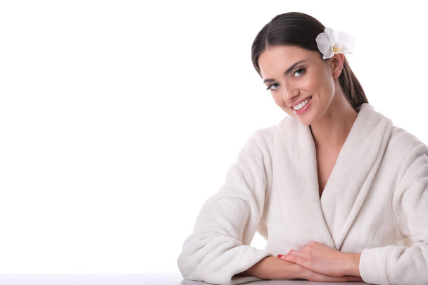 Beautiful woman enjoying free day in bath robe. - Photo, Image