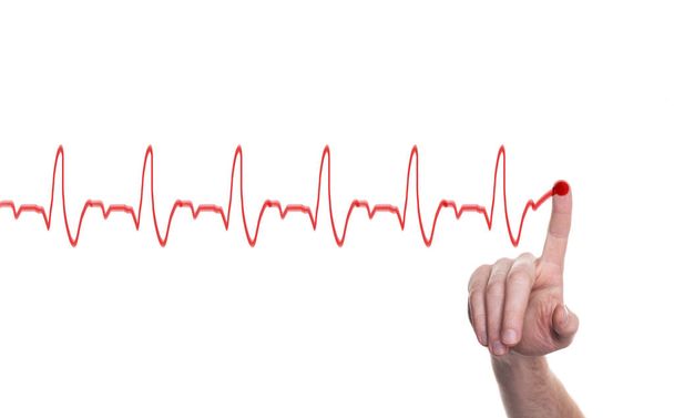 Pulso cardíaco, una línea con la mano, cardiograma. Concepto sobre fondo blanco
 - Foto, Imagen