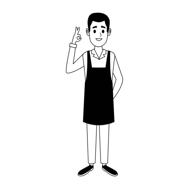 Barista adam karikatür siyah beyaz - Vektör, Görsel